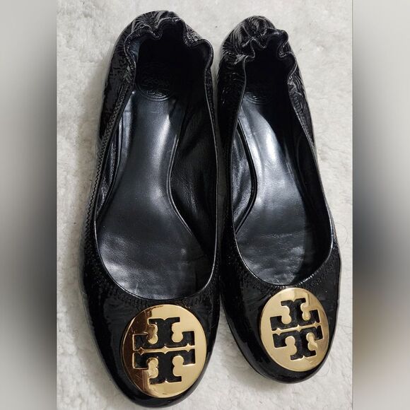 Tory Burch Reva Women's Patent Tumble Leather Ballet Flats Black/Gold US 8.5 - Picture 1 of 11